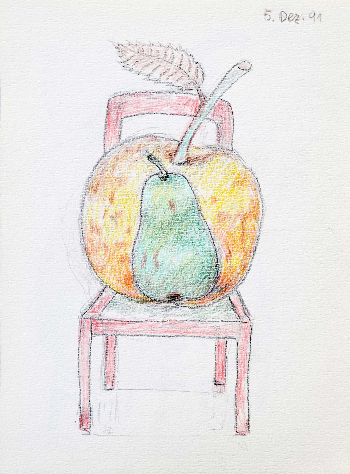 Apfel und Birne auf Stuhl