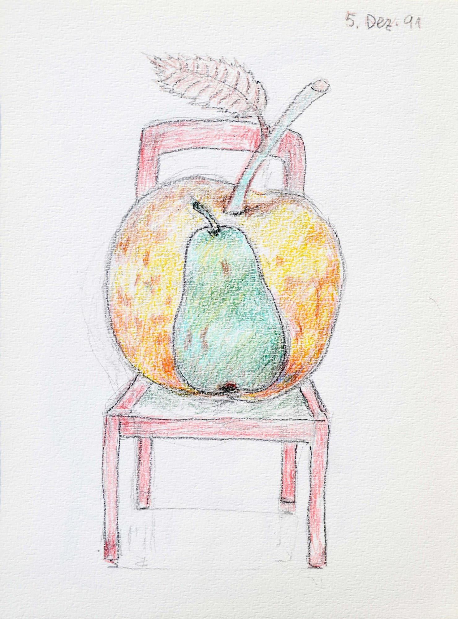 Apfel und Birne auf Stuhl