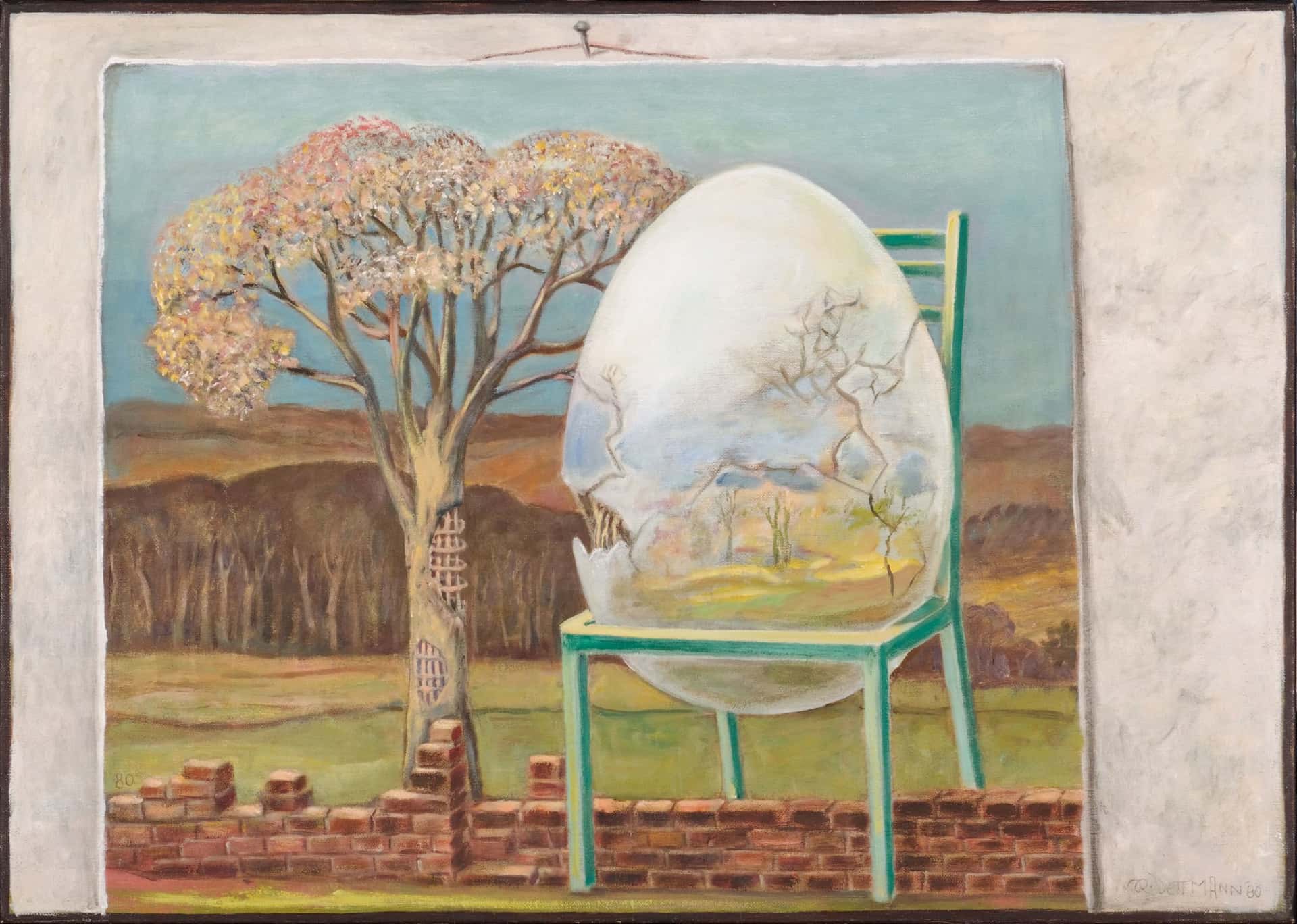 Landschaft mit Ei auf Stuhl