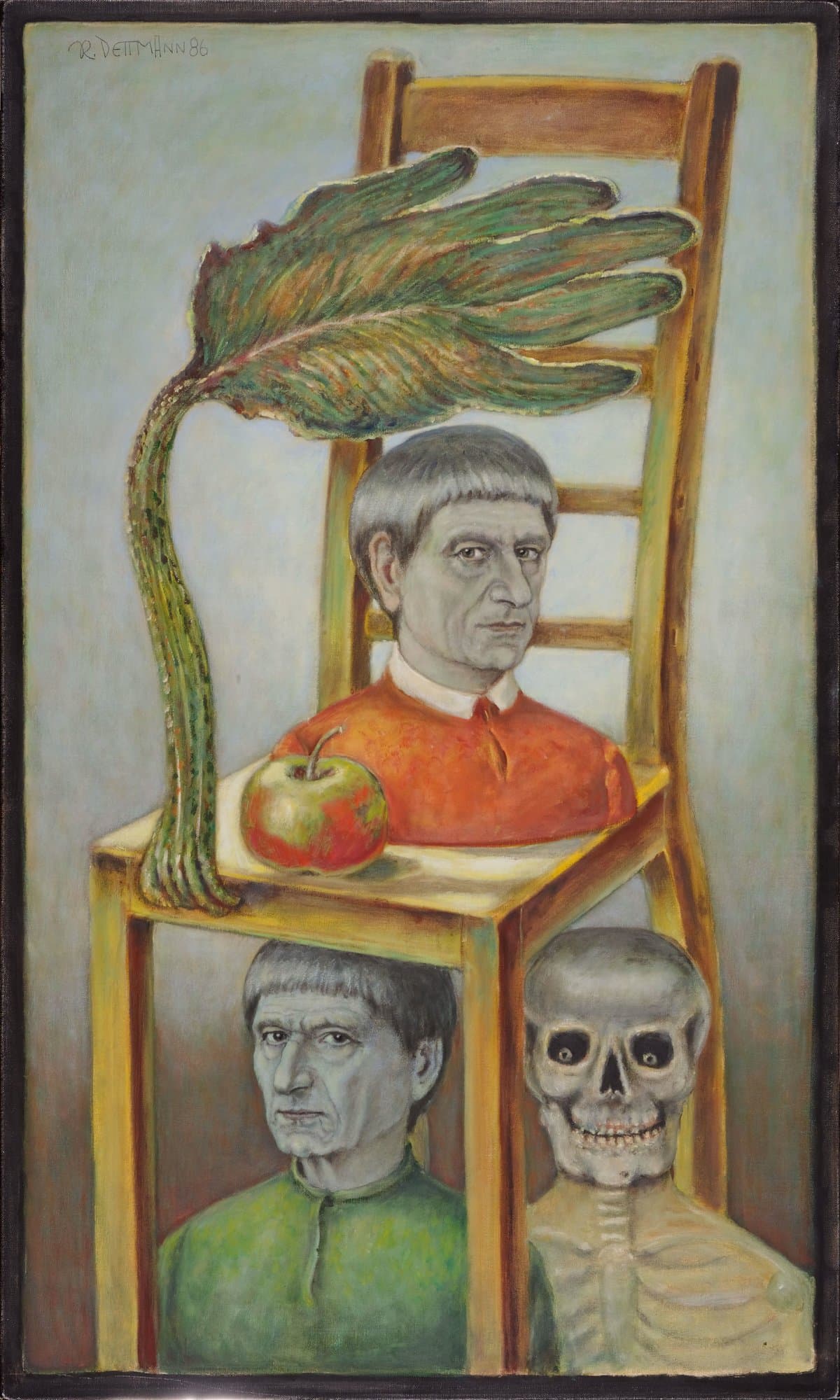 Selbstportrait auf und unter Stuhl