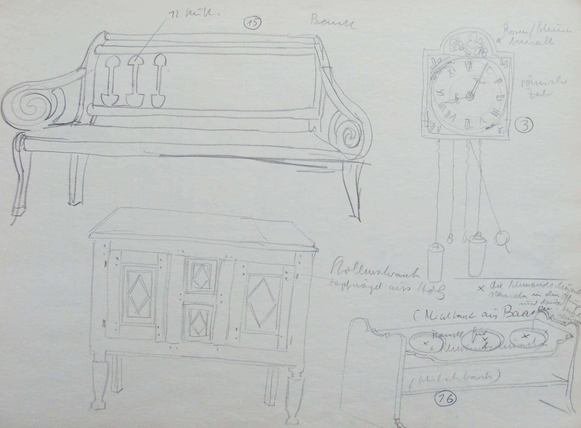 Bank, Stollenschrank, Uhrwerk und Milchbank
