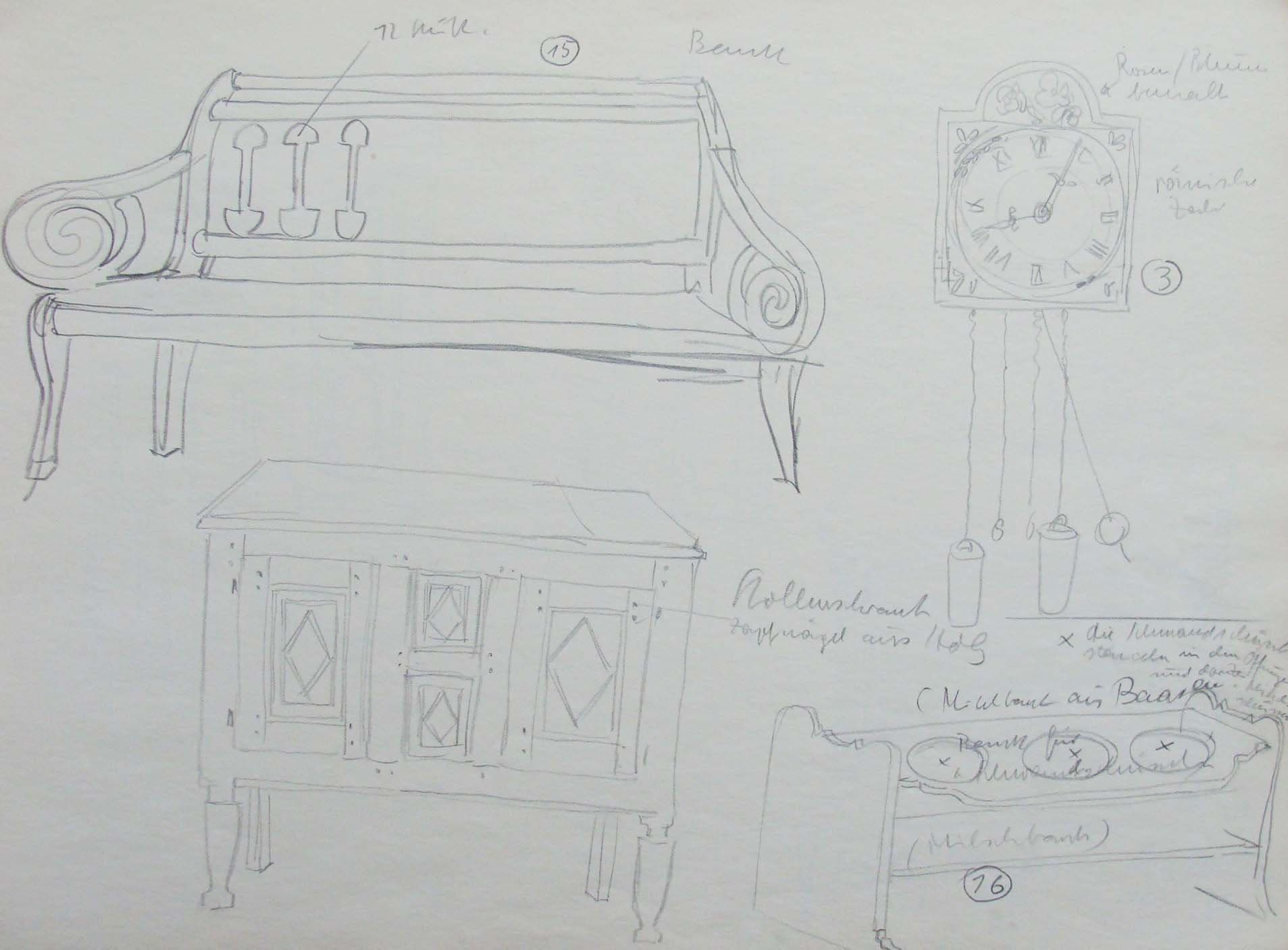Bank, Stollenschrank, Uhrwerk und Milchbank