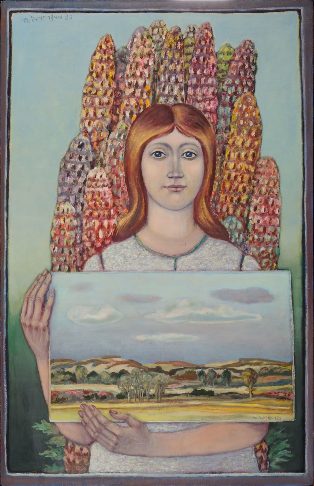 Frau zeigt Landschaft