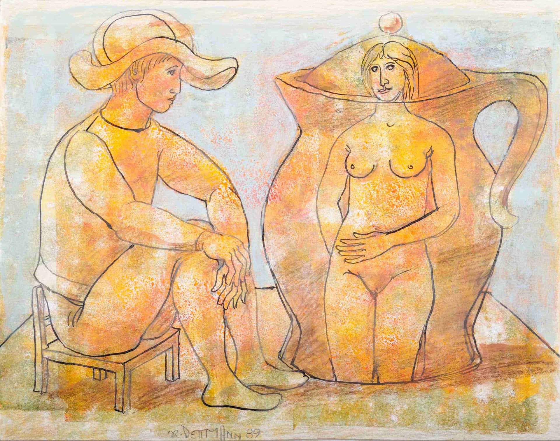 Harlekin und Krug/Kronenburg unter Stuhl