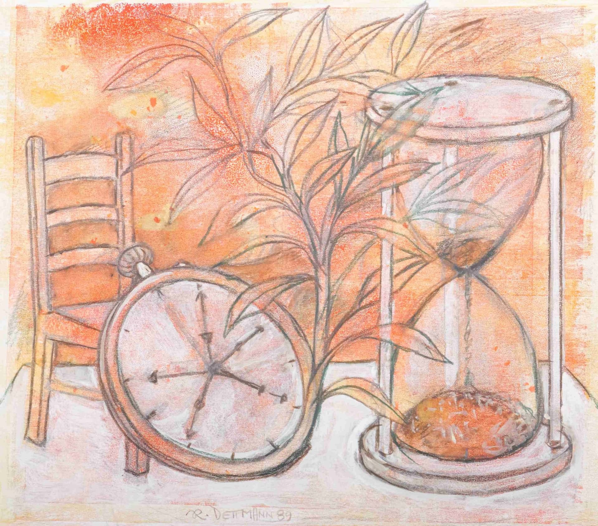 Stillleben mit Sanduhr/Clown und Schneiderpuppe