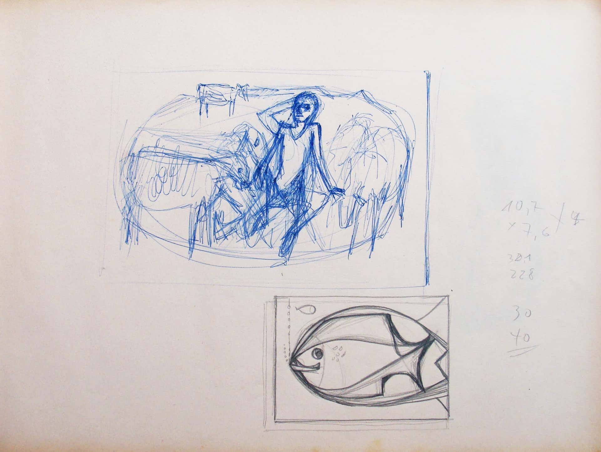 Person mit Vieh/Fische