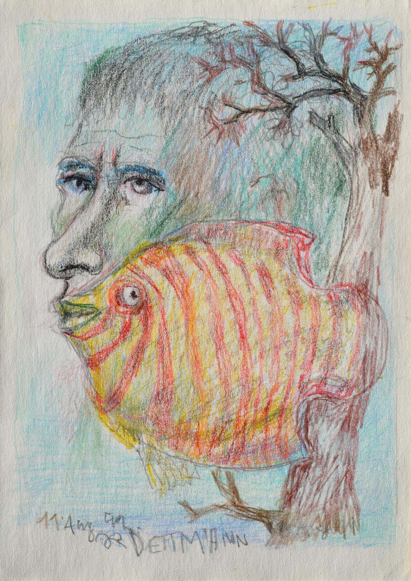 Männerkopf mit Fisch