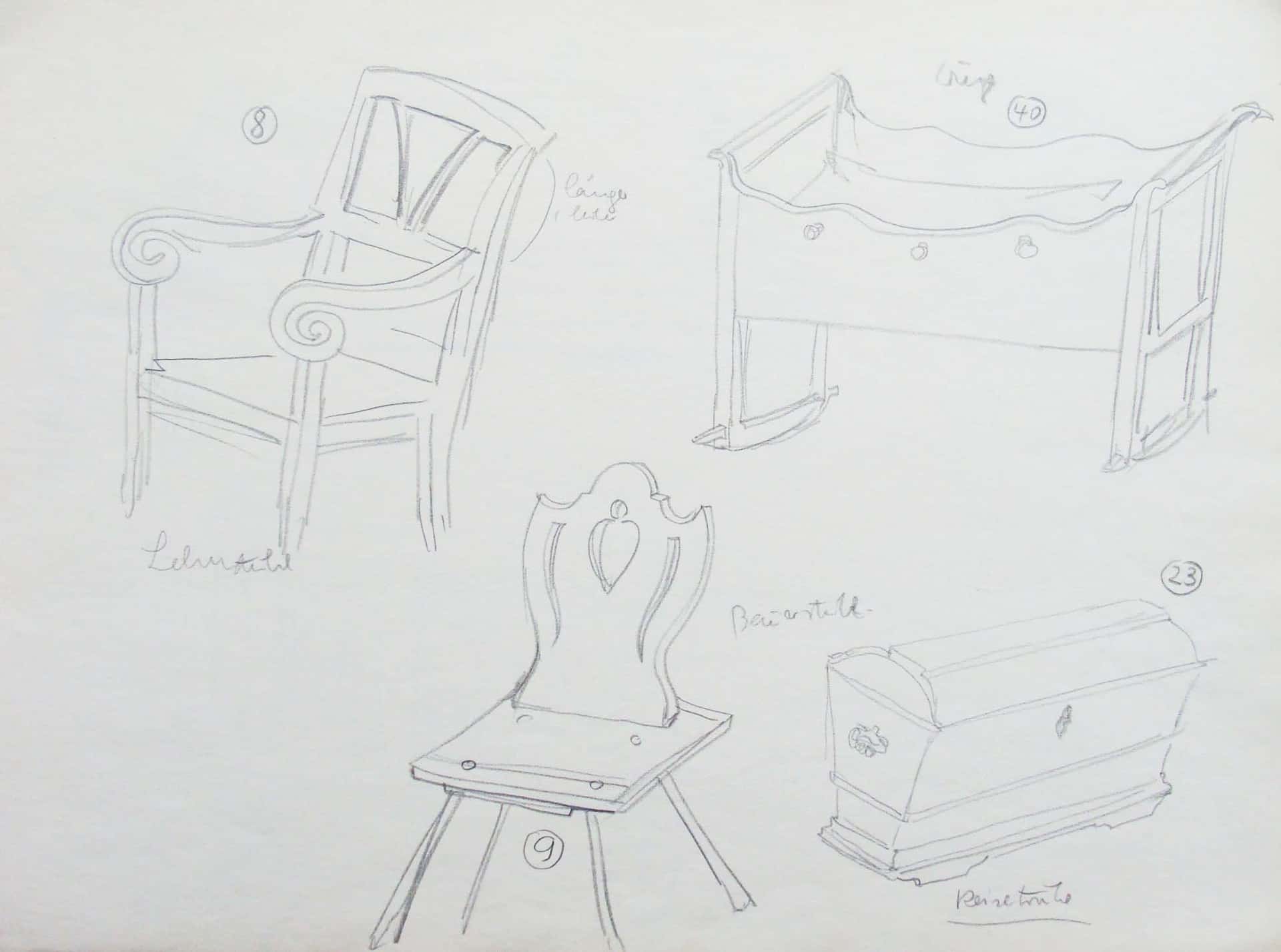 Stühle, Wiege und Truhe