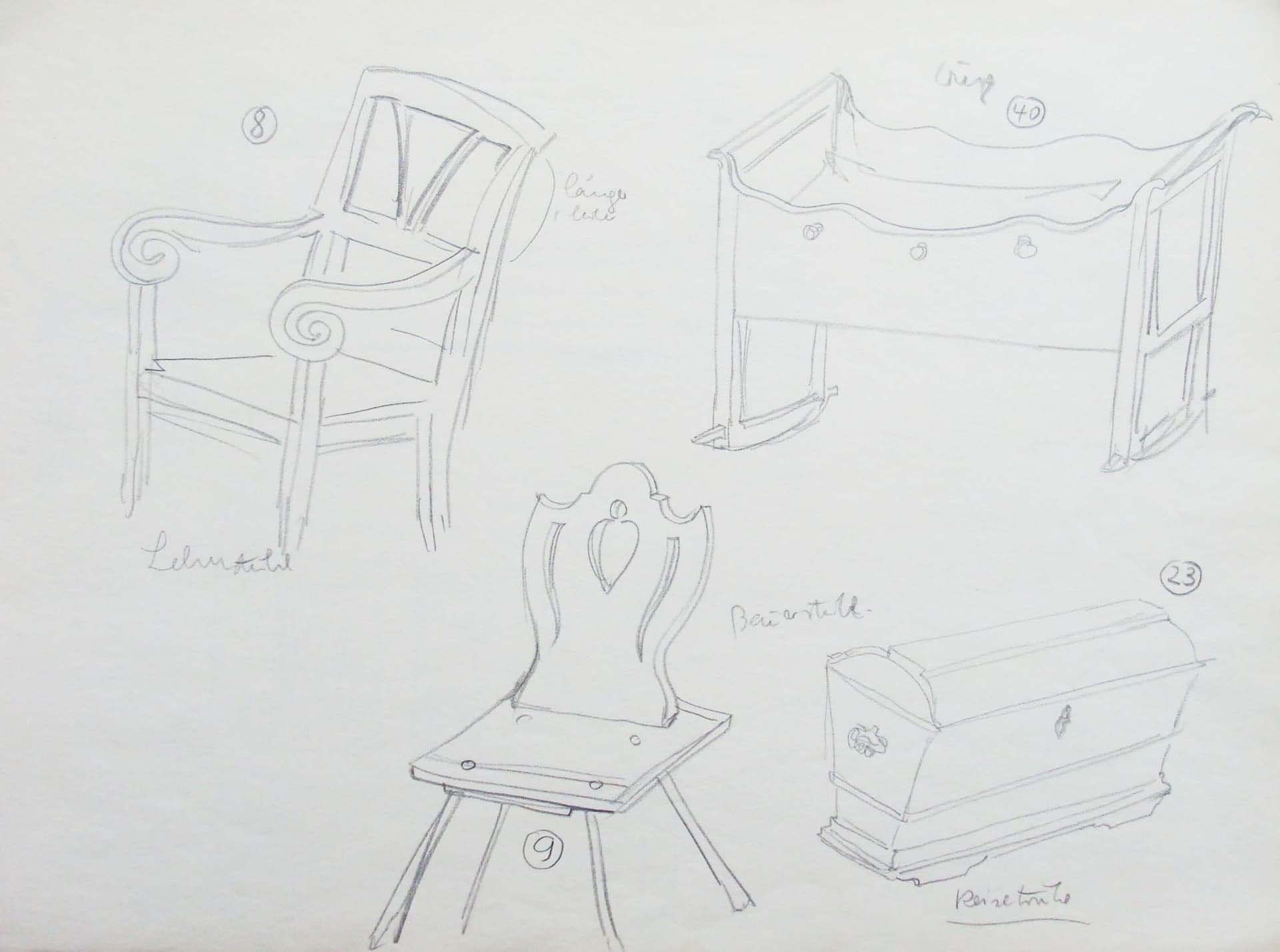 Stühle, Wiege und Truhe