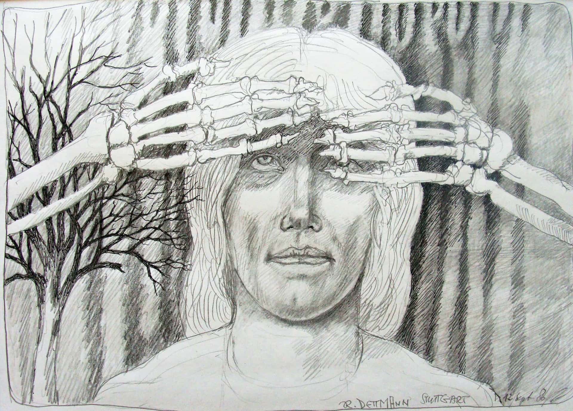 Kopf mit skelettierten Händen