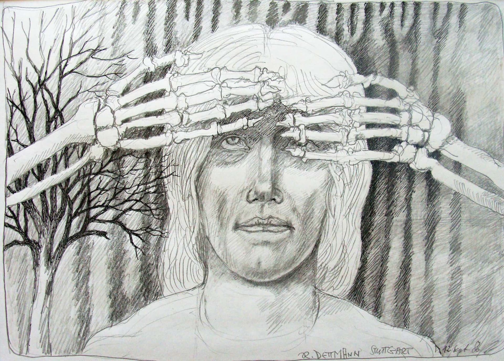 Kopf mit skelettierten Händen