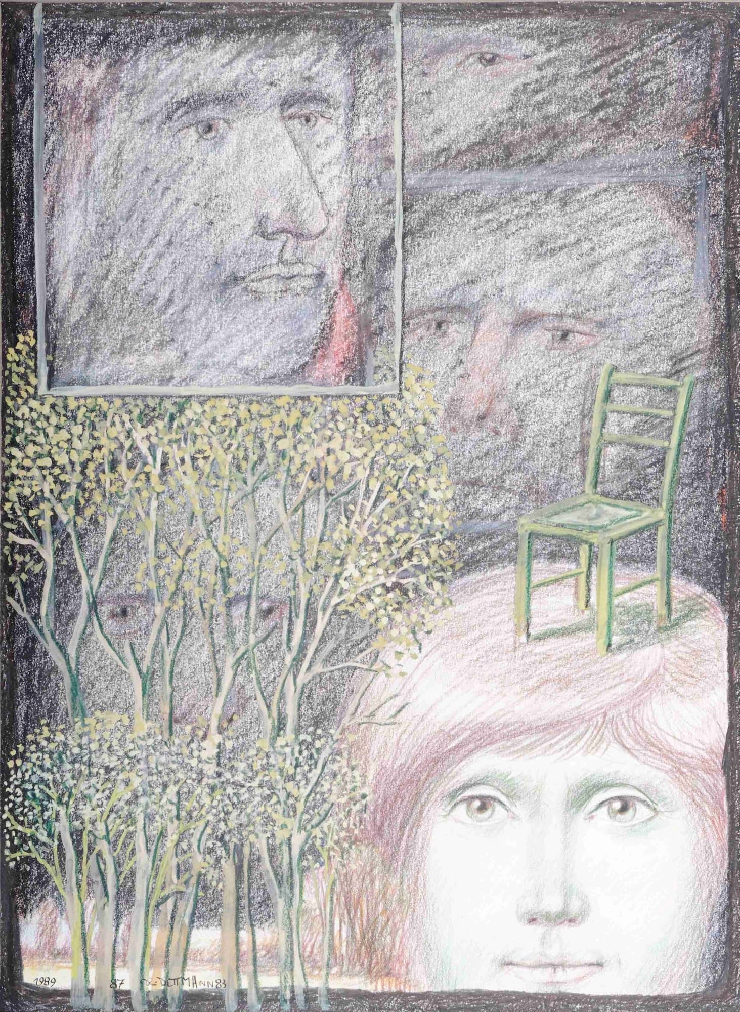 Frauenkopf mit Gesichtern