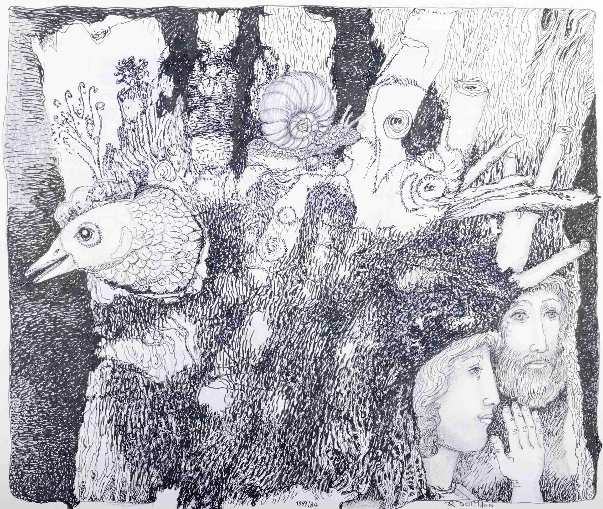 Kopfpaar neben belebtem Baum